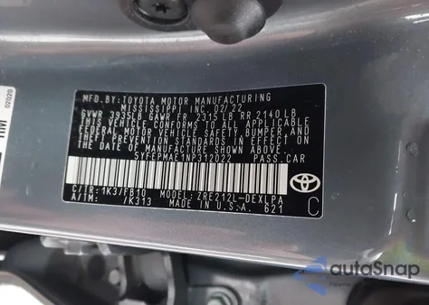 2022 Toyota Corolla Le из США, поврежденный, VIN 5YFEPMAE1NP312022